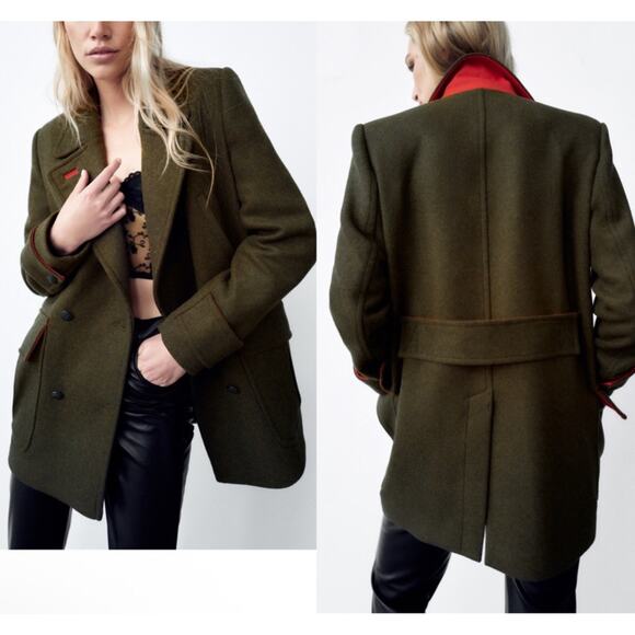 Zara Wool Blend Military Peacoat Jacket Women’s Small Olive Green Red Trim - Picture 1 of 12